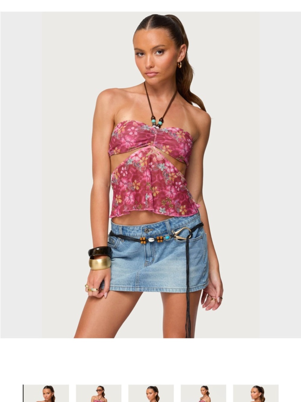 Edikted Pink Floral Strapless Cutout Crop Top